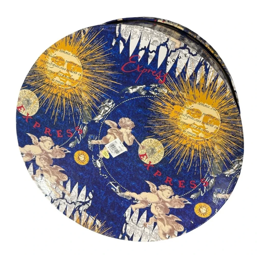 Vintage 90s Celestial Round Hat‎ Box Cherub Zodiac Sun Moon Decorative Storage